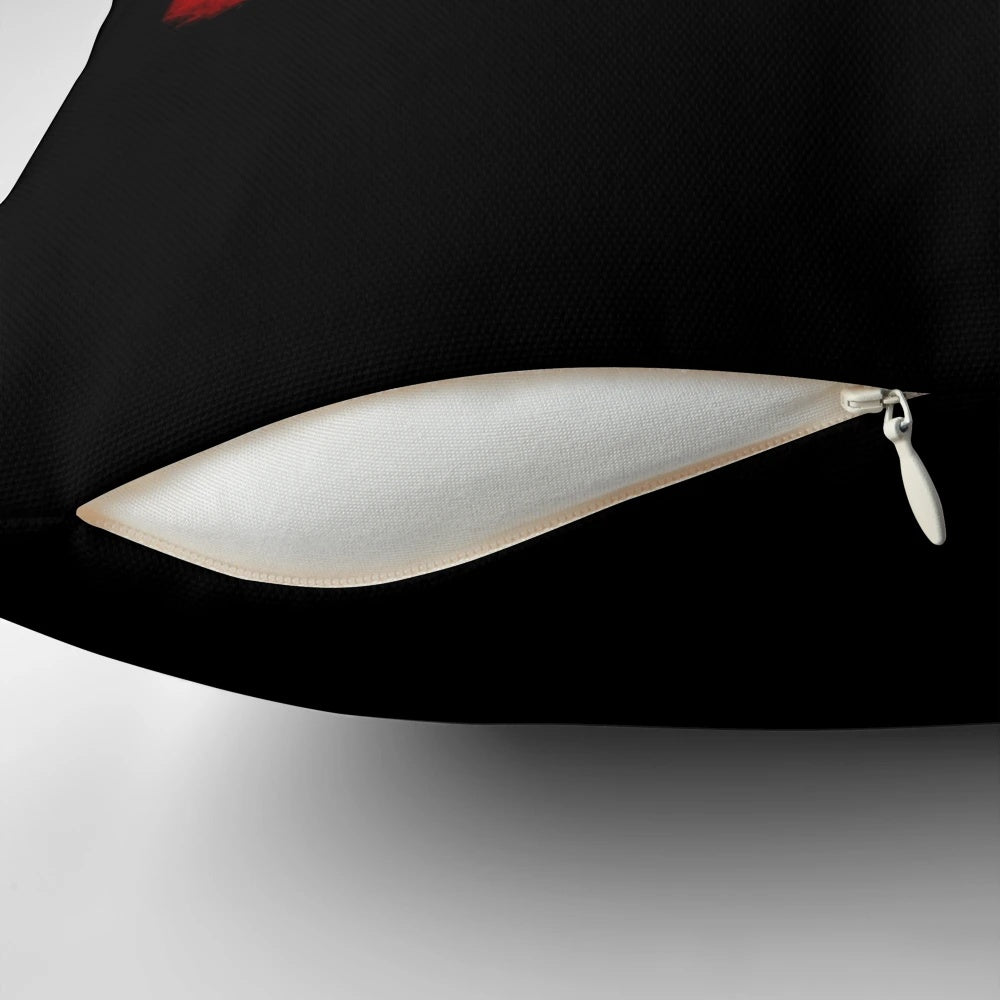 Decorative pillow featuring a vivid graphic of bold, biting lips inspired by the cult classic Rocky Horror Picture Show.