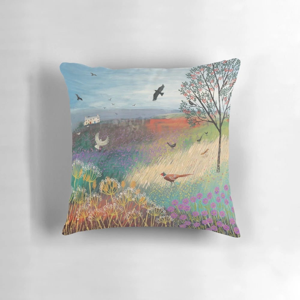 Painting of a rowan tree in a picturesque country landscape, featuring wildlife like pheasants