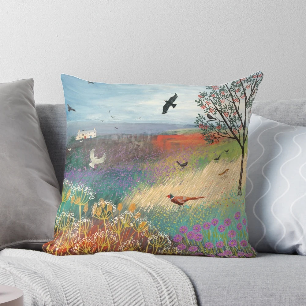 Painting of a rowan tree in a picturesque country landscape, featuring wildlife like pheasants