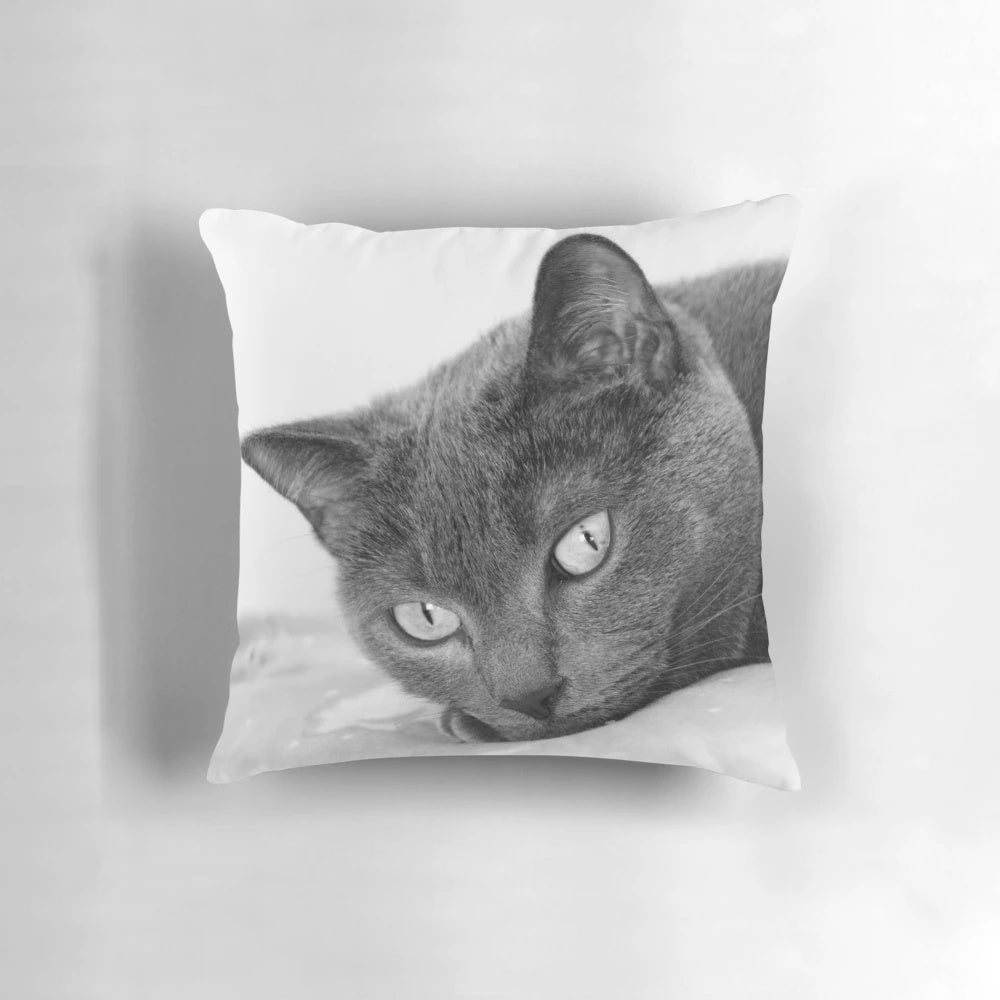 A black and white portrait of a striking Russian Blue cat's eyes on a throw pillow.