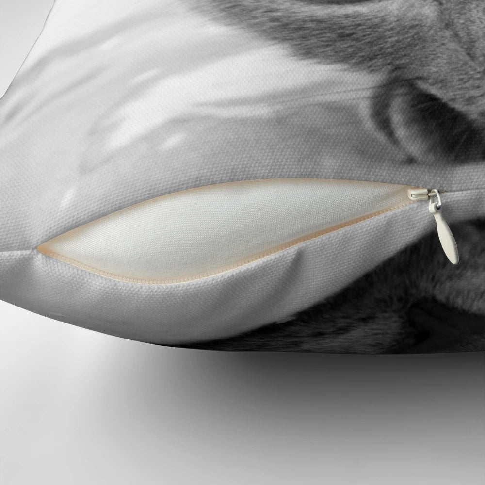 A black and white portrait of a striking Russian Blue cat's eyes on a throw pillow.
