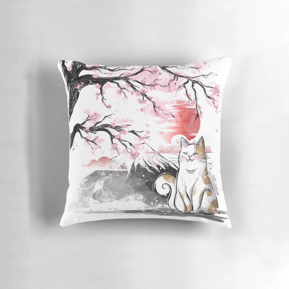 Beautifully designed sakura cat pillow with cherry blossoms and a playful feline friend