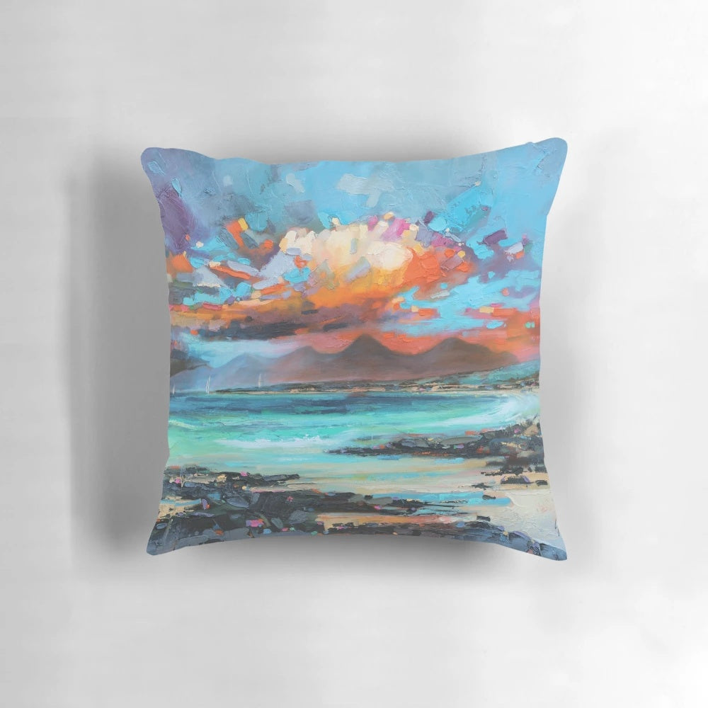 Sanna Bay seascape painting featuring clouds, beach, and rocky coastline with a palette knife texture.