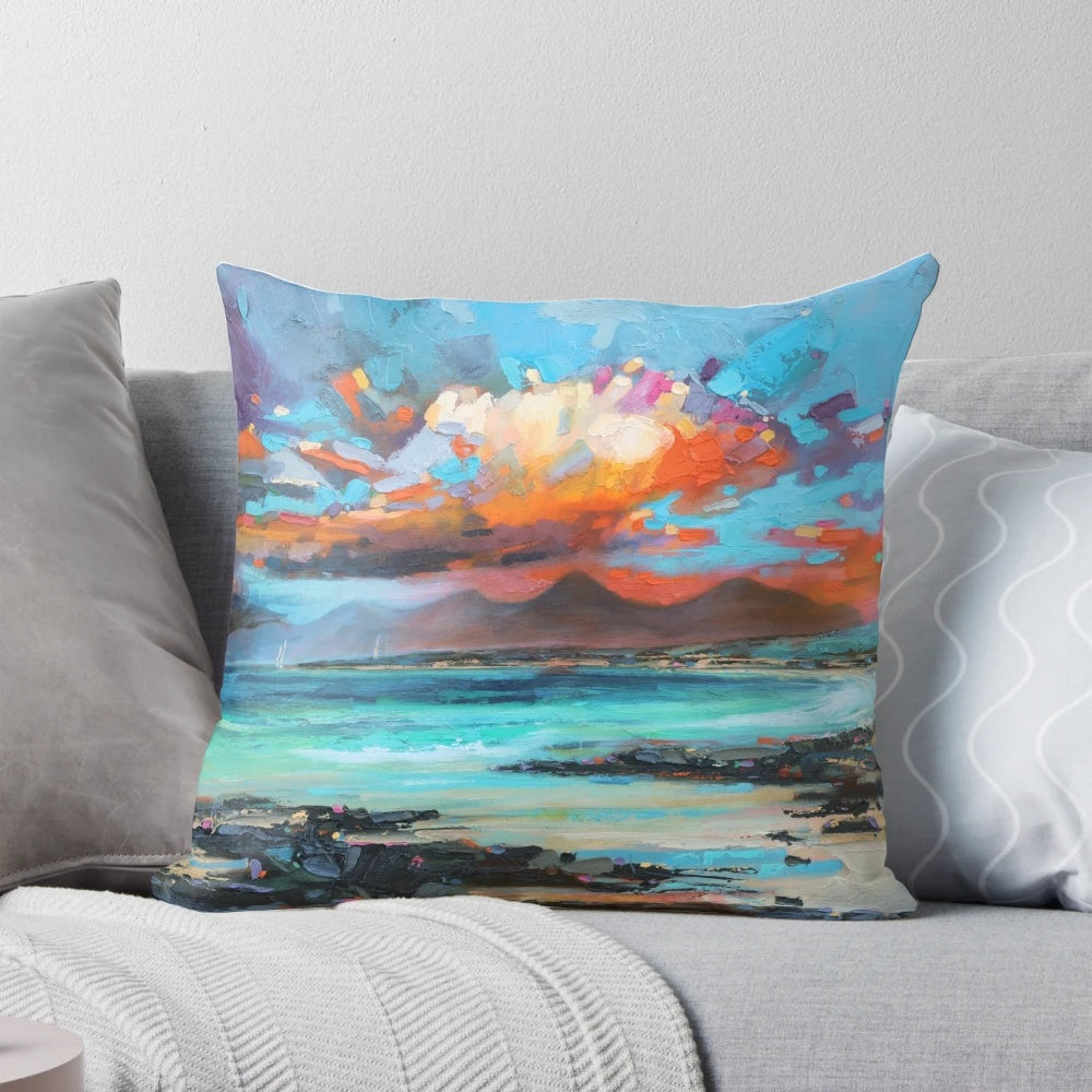 Sanna Bay seascape painting featuring clouds, beach, and rocky coastline with a palette knife texture.
