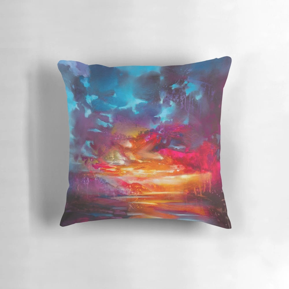 Pillow featuring a vibrant, colorful Scottish landscape with atmospheric clouds and a hopeful, optimistic feel.