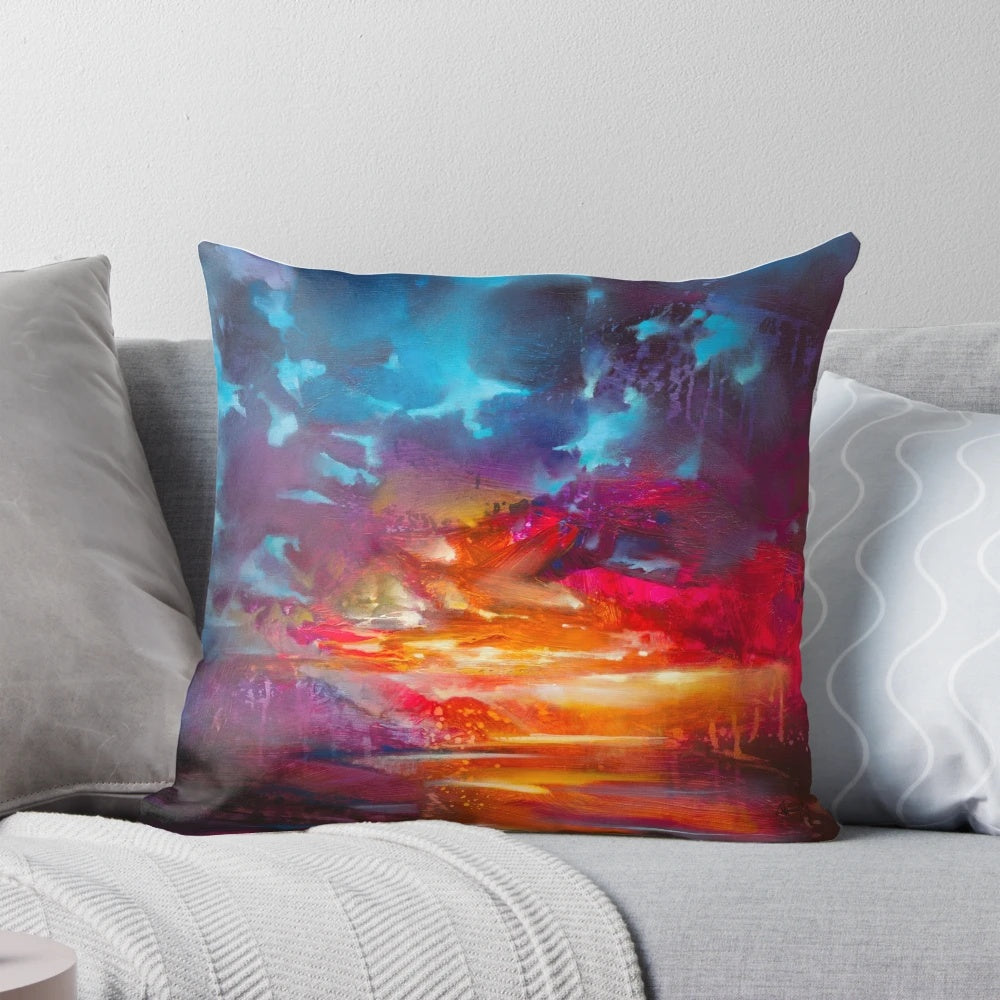 Pillow featuring a vibrant, colorful Scottish landscape with atmospheric clouds and a hopeful, optimistic feel.