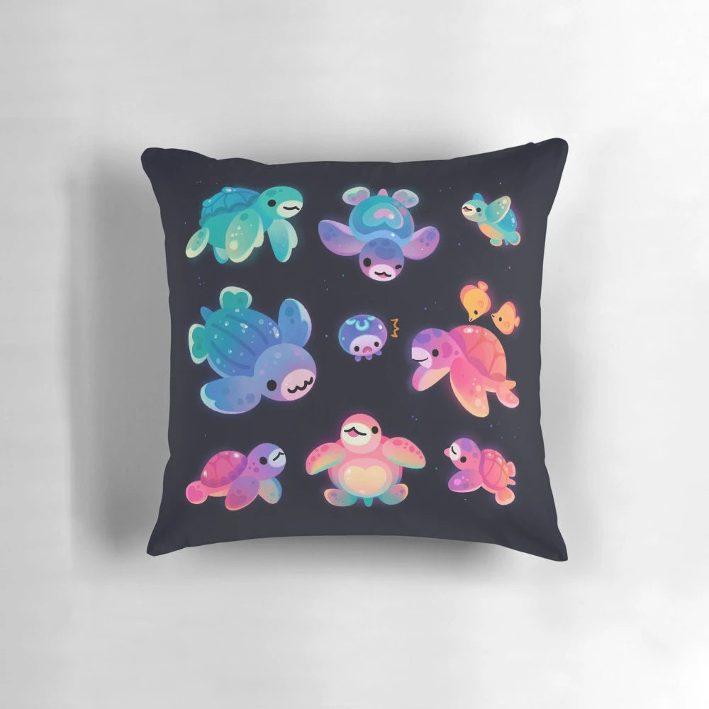 A plush, high-quality throw pillow featuring a detailed illustration of a majestic sea turtle swimming in the ocean.