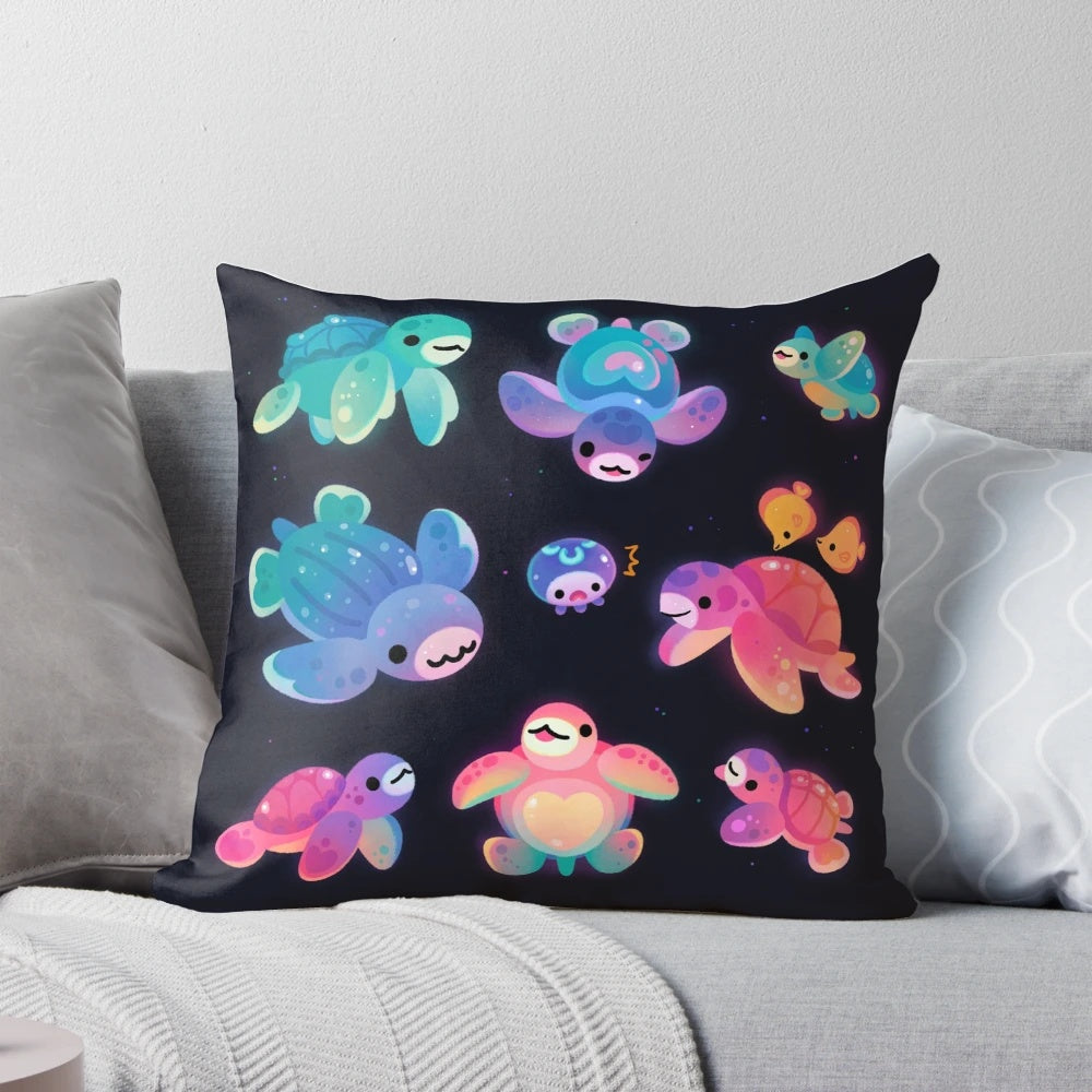 A plush, high-quality throw pillow featuring a detailed illustration of a majestic sea turtle swimming in the ocean.