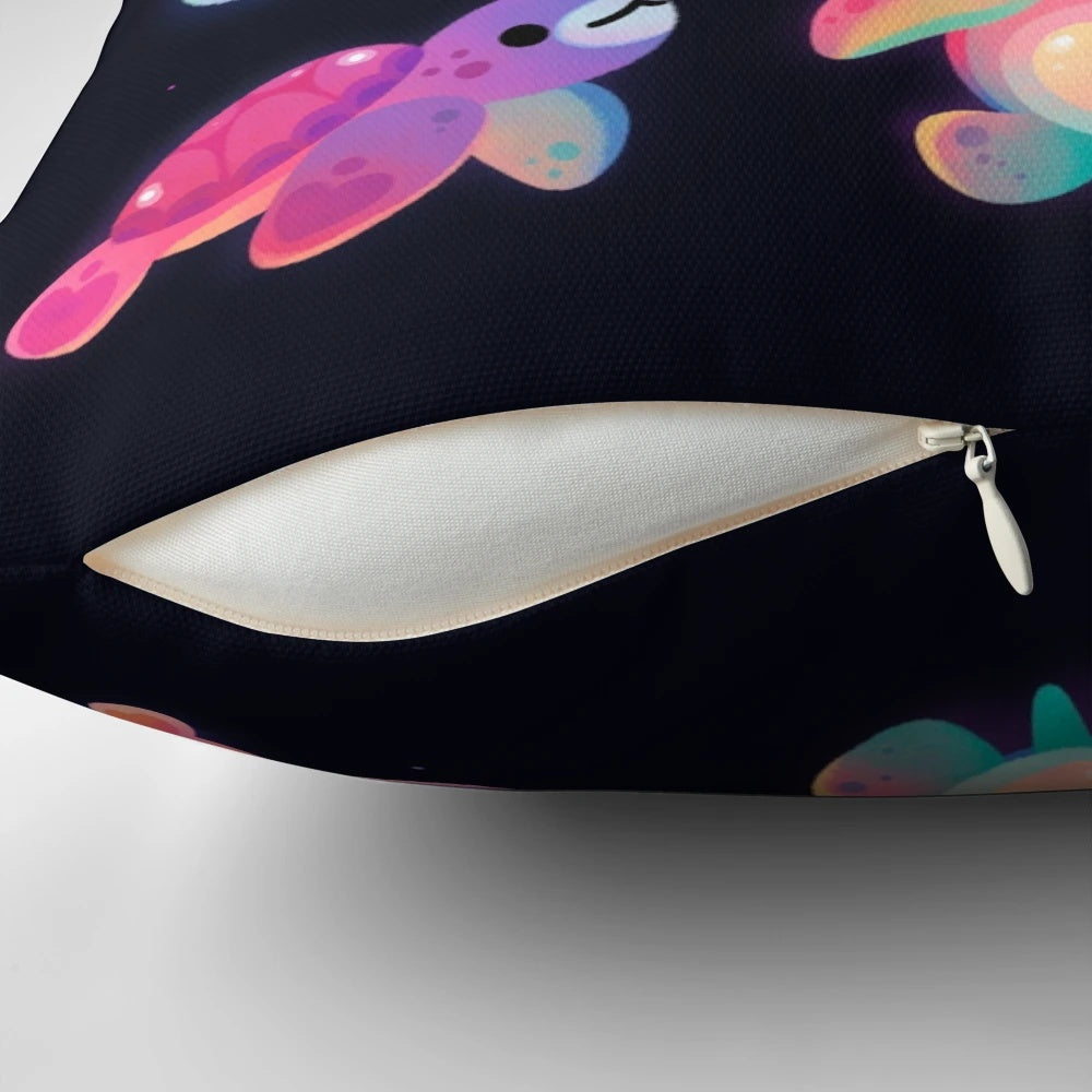A plush, high-quality throw pillow featuring a detailed illustration of a majestic sea turtle swimming in the ocean.
