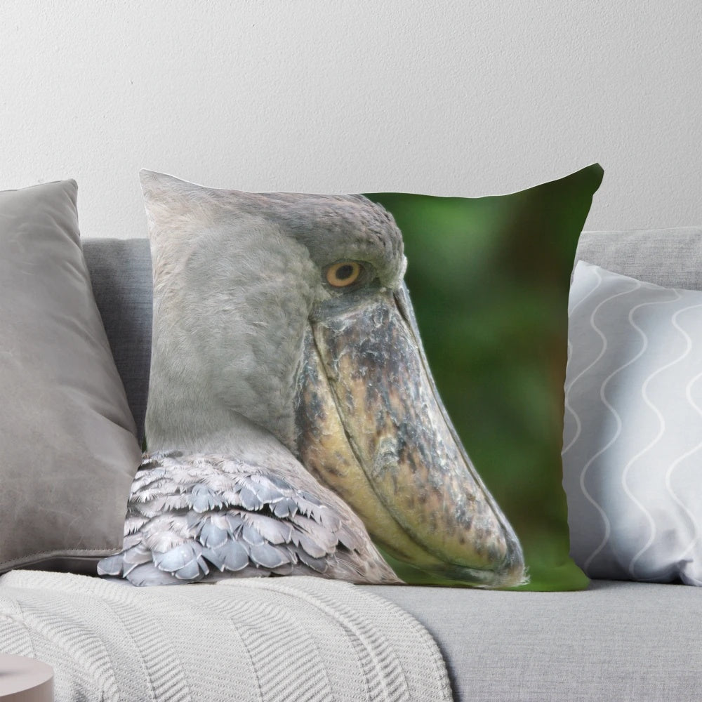 Soft and cuddly shoebill bird plush pillow, featuring the unique and distinctive beak of this African stork.