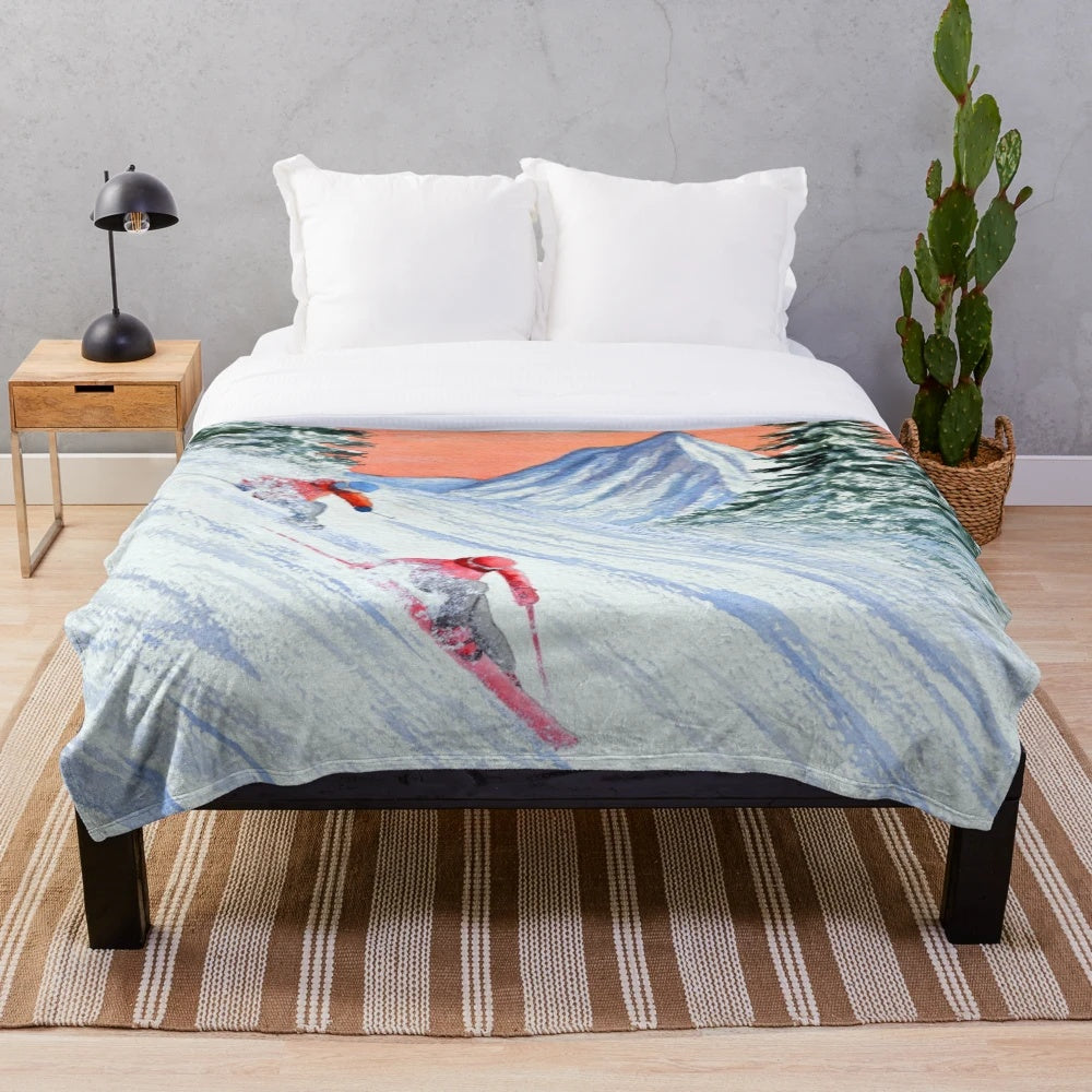 Skiing plush blanket featuring a winter sports scene