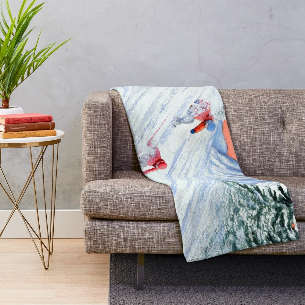 Skiing plush blanket featuring a winter sports scene