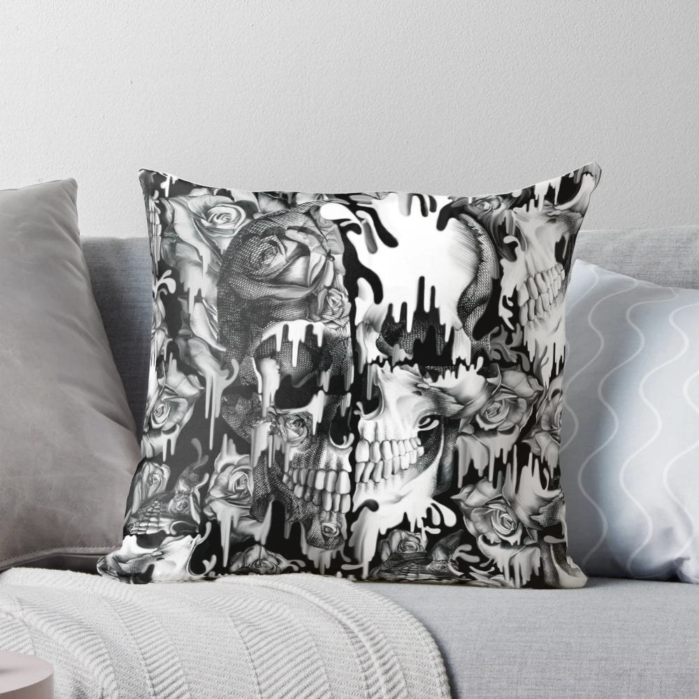 A decorative pillow featuring a striking skull pattern with a splash or dripping effect, perfect for Gothic or rockabilly-inspired home decor.