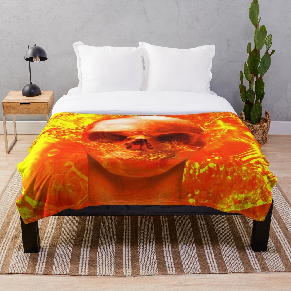 Plush skull-patterned blanket with liquid gold abstract design