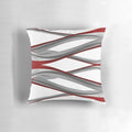 Red and gray spiral design pillow with a modern, abstract art appearance.