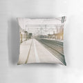 Pillow featuring a striking black and white street photo with a double exposure of a train station and city skyline.