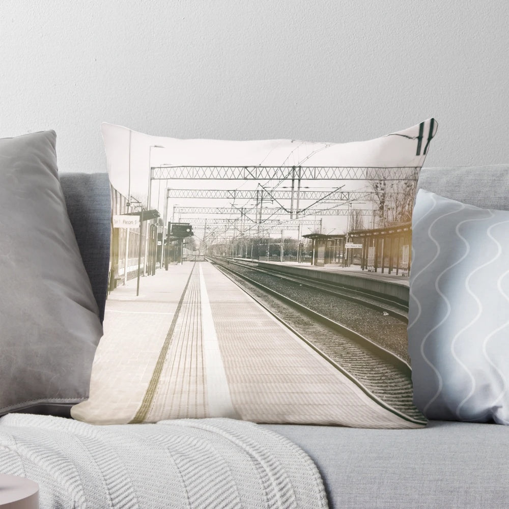 Pillow featuring a striking black and white street photo with a double exposure of a train station and city skyline.