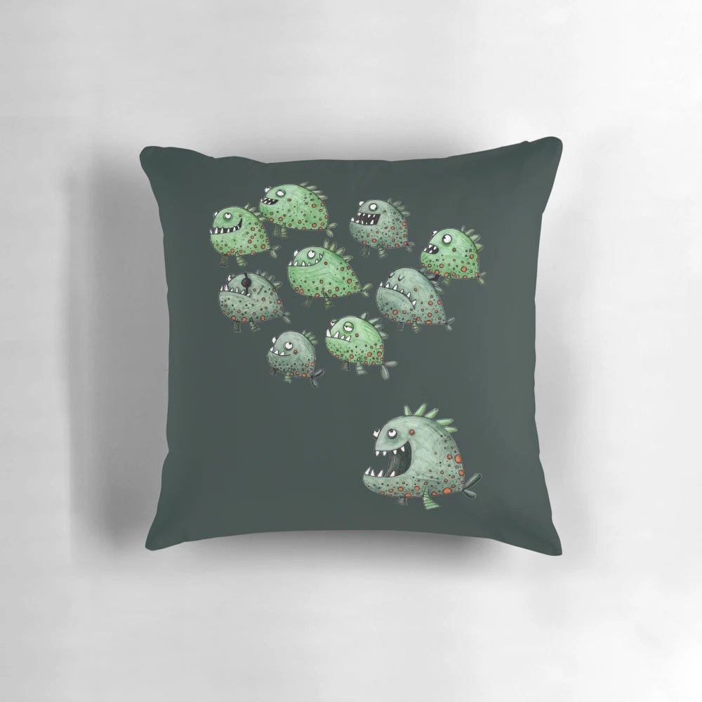 Playful illustration of a swarm of piranhas swimming together on a decorative pillow