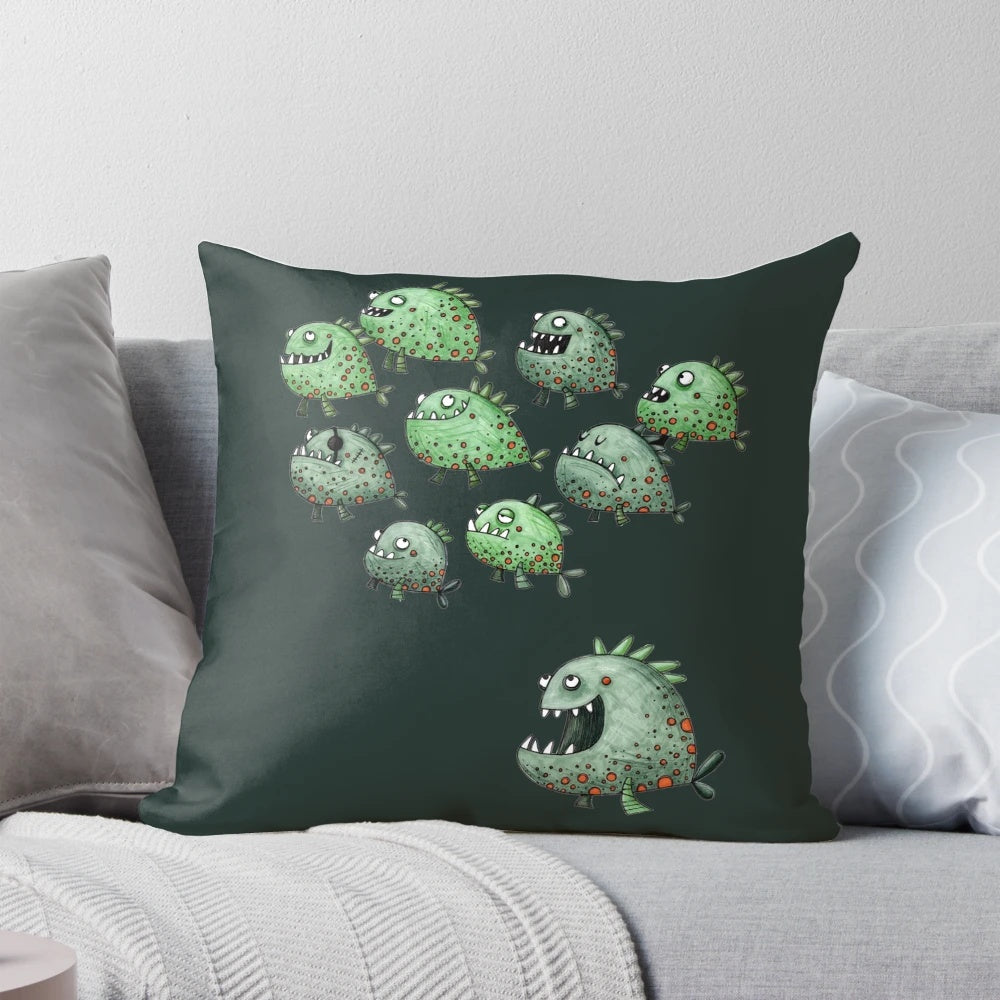 Playful illustration of a swarm of piranhas swimming together on a decorative pillow