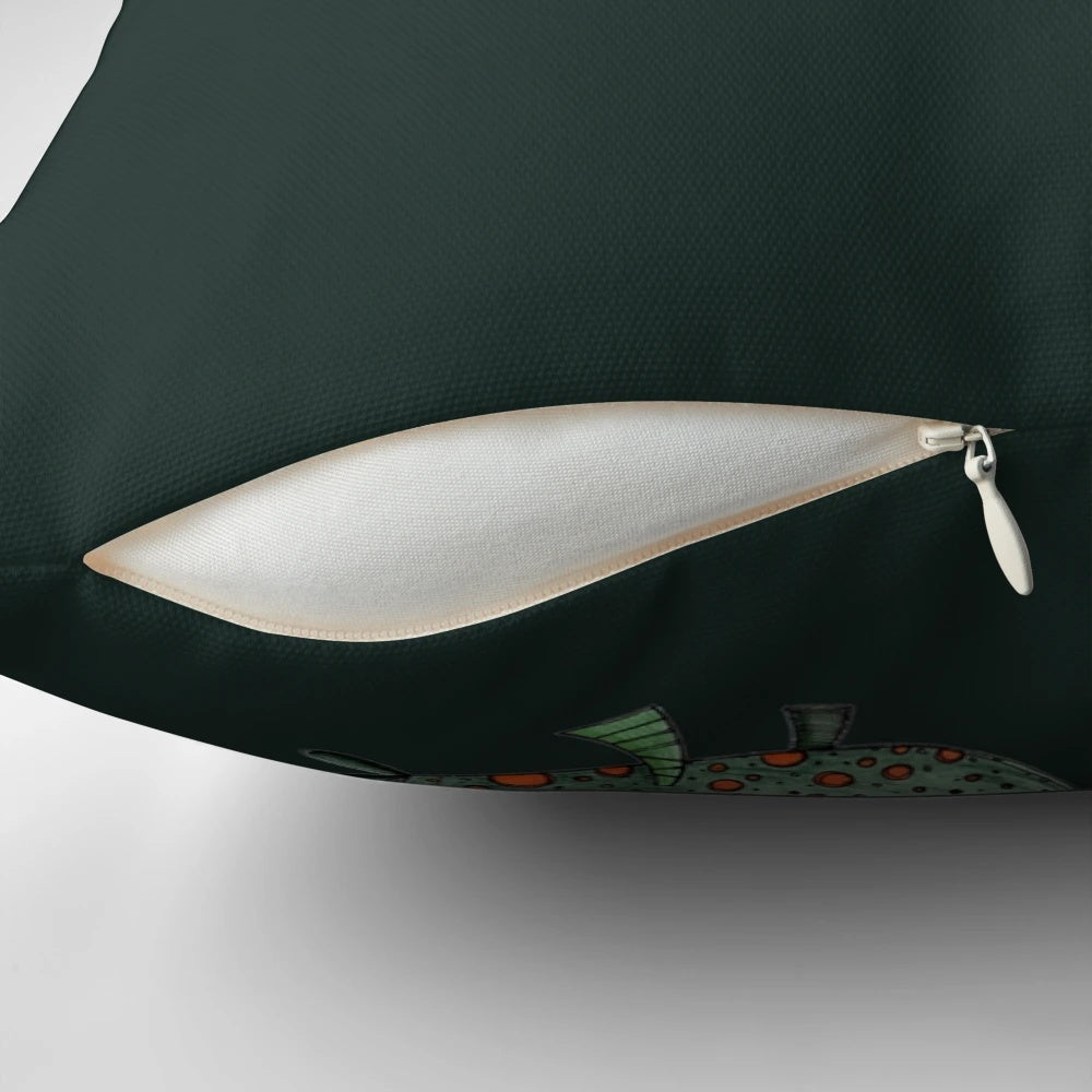 Playful illustration of a swarm of piranhas swimming together on a decorative pillow