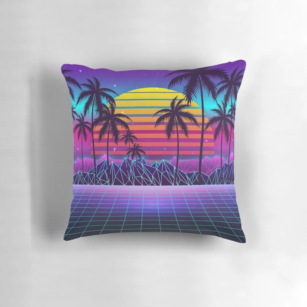 A vibrant and nostalgic synthwave-inspired pillow featuring a stunning sunset landscape in a retro-futuristic aesthetic.