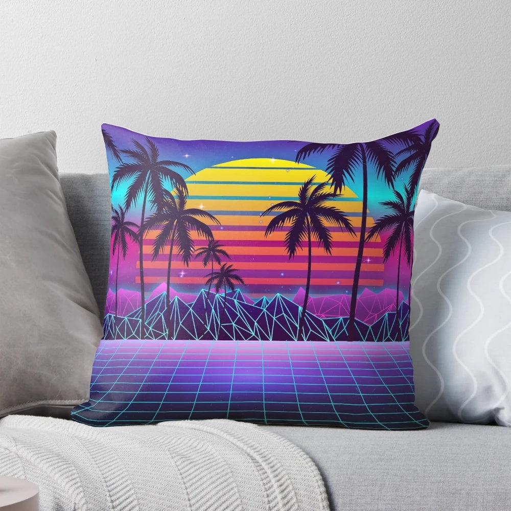 A vibrant and nostalgic synthwave-inspired pillow featuring a stunning sunset landscape in a retro-futuristic aesthetic.