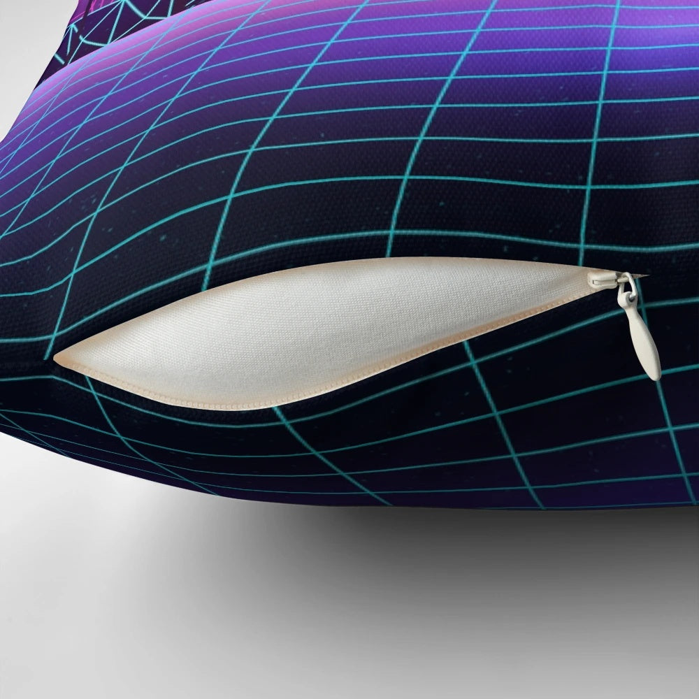 A vibrant and nostalgic synthwave-inspired pillow featuring a stunning sunset landscape in a retro-futuristic aesthetic.