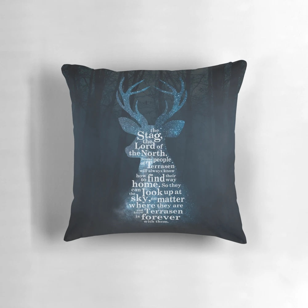A beautiful pillow featuring the Stag, the Lord of the North from the Throne of Glass series by Sarah J. Maas.