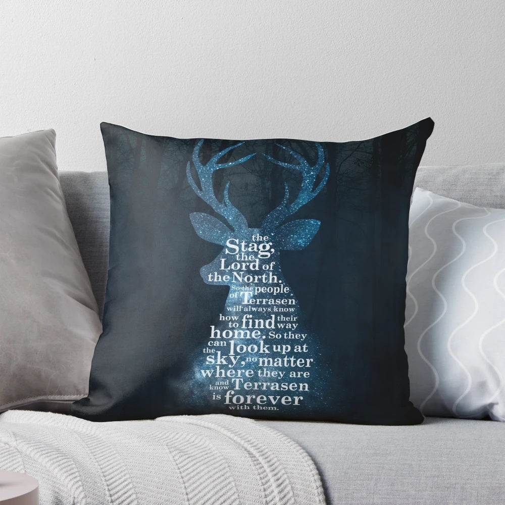 A beautiful pillow featuring the Stag, the Lord of the North from the Throne of Glass series by Sarah J. Maas.