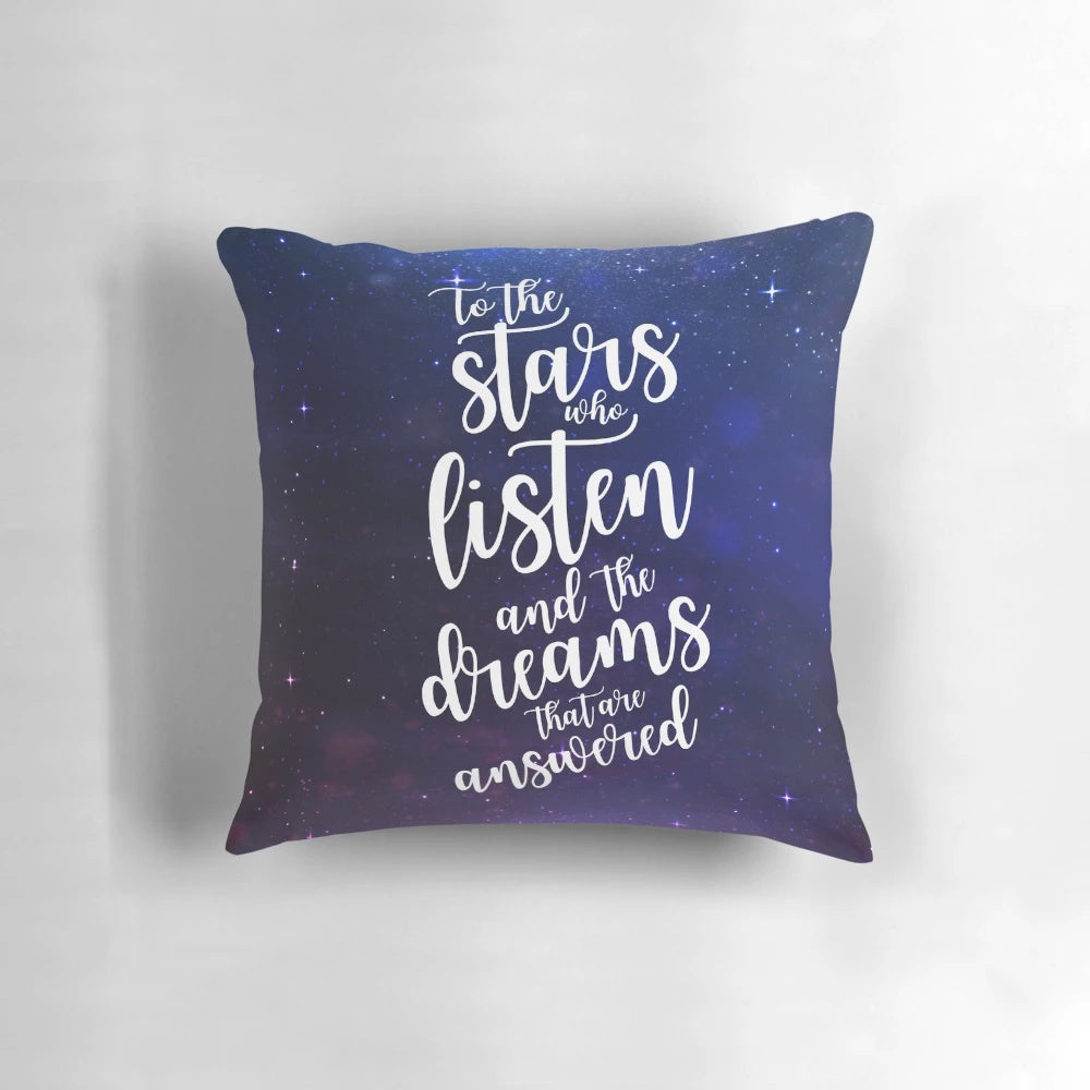 Decorative pillow featuring a watercolor typography design inspired by the Night Court series by Sarah J. Maas