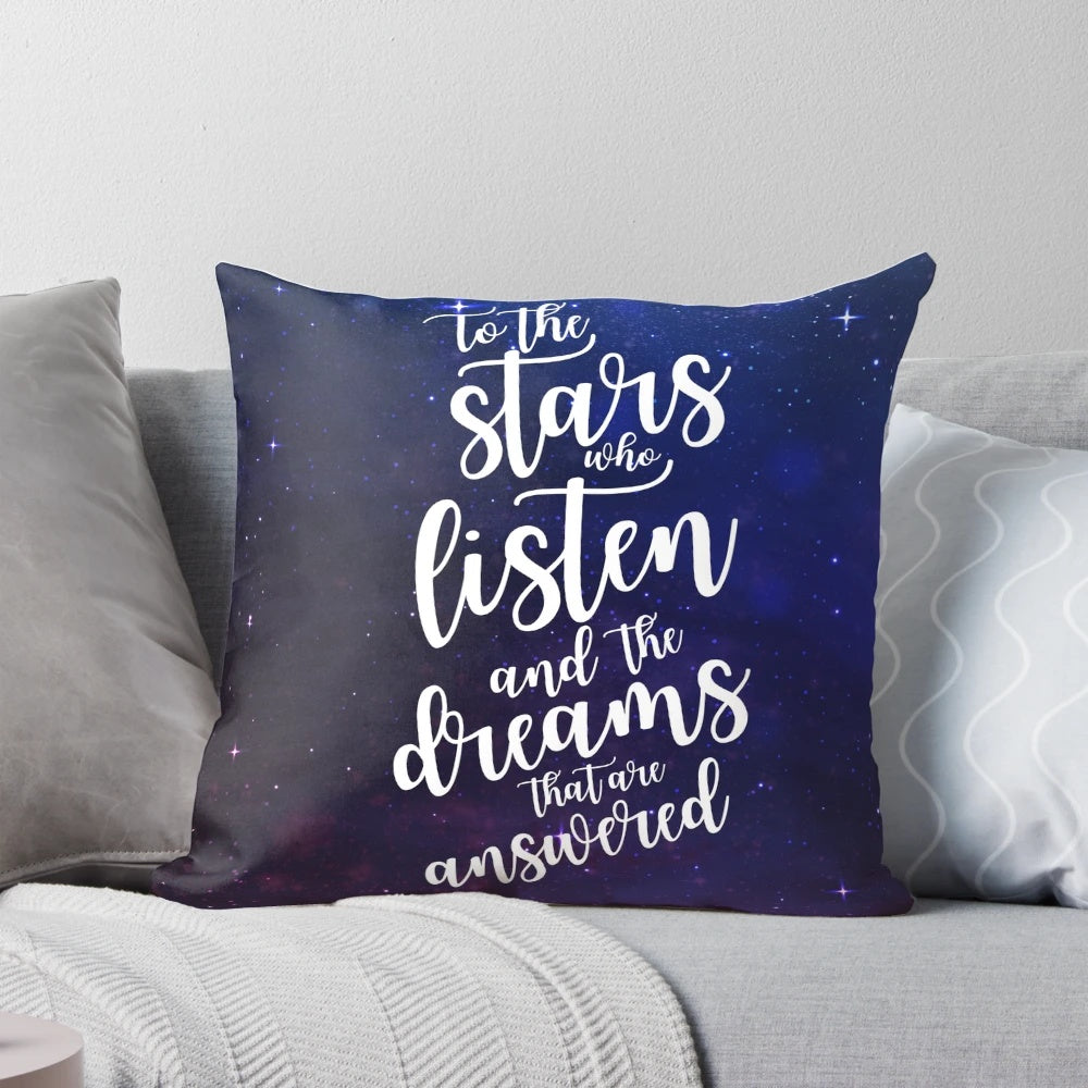 Decorative pillow featuring a watercolor typography design inspired by the Night Court series by Sarah J. Maas