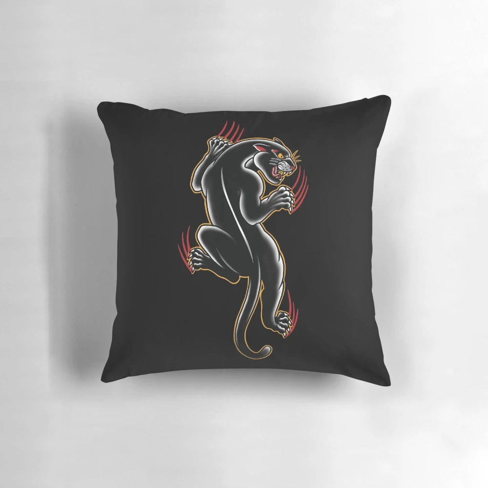 Detailed illustration of a traditional style black panther tattoo design on a throw pillow