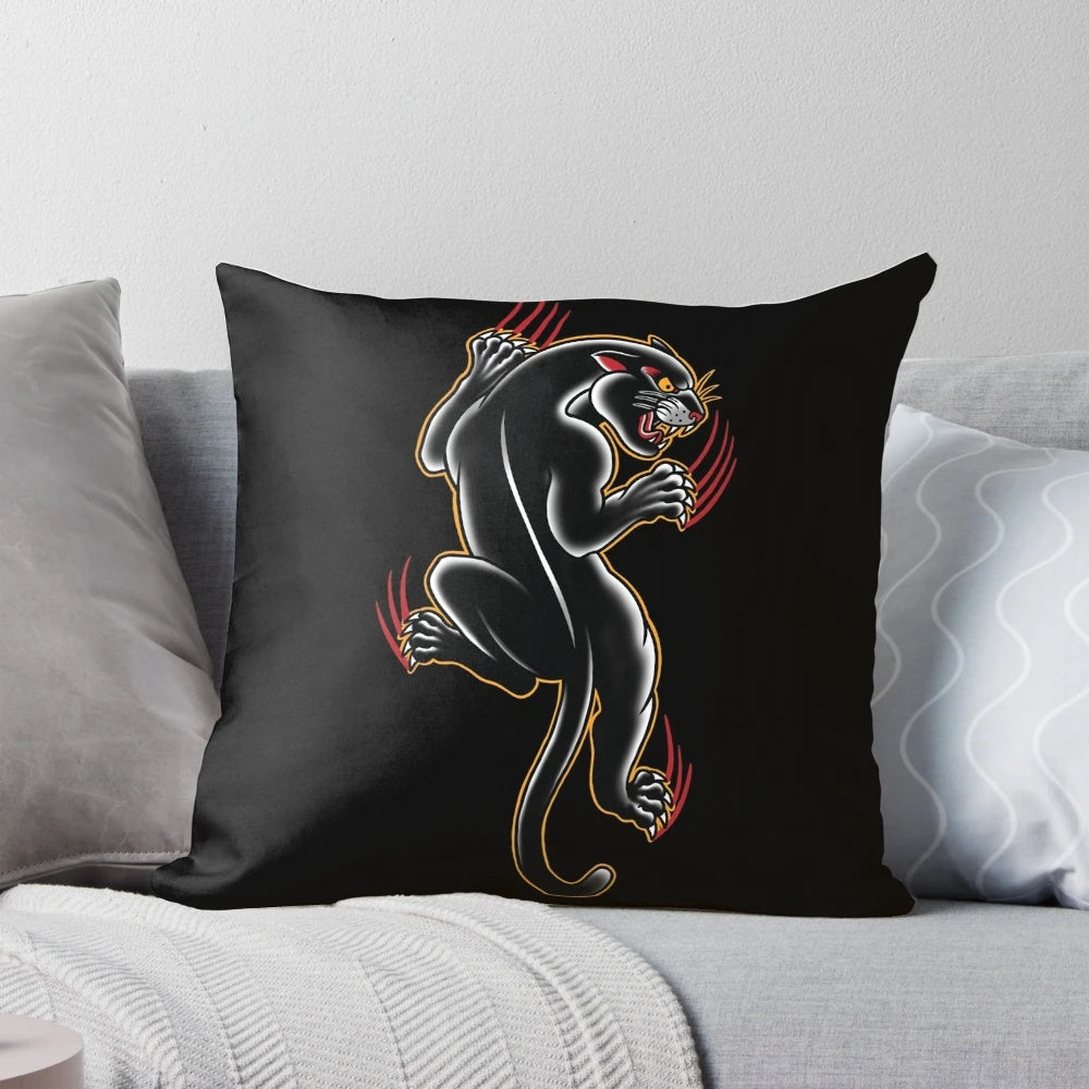 Detailed illustration of a traditional style black panther tattoo design on a throw pillow