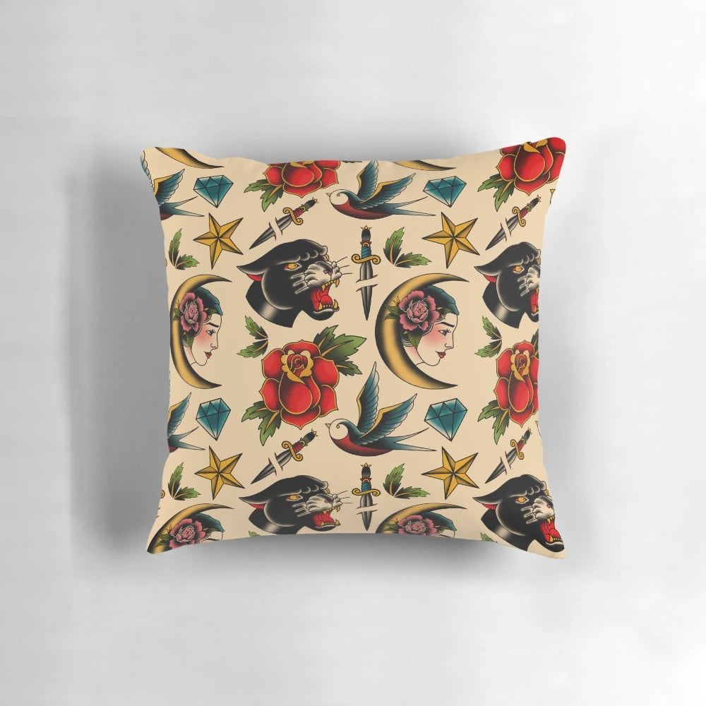 A traditional tattoo-inspired pillow featuring a panther, moon, dagger, rose, and floral motifs.