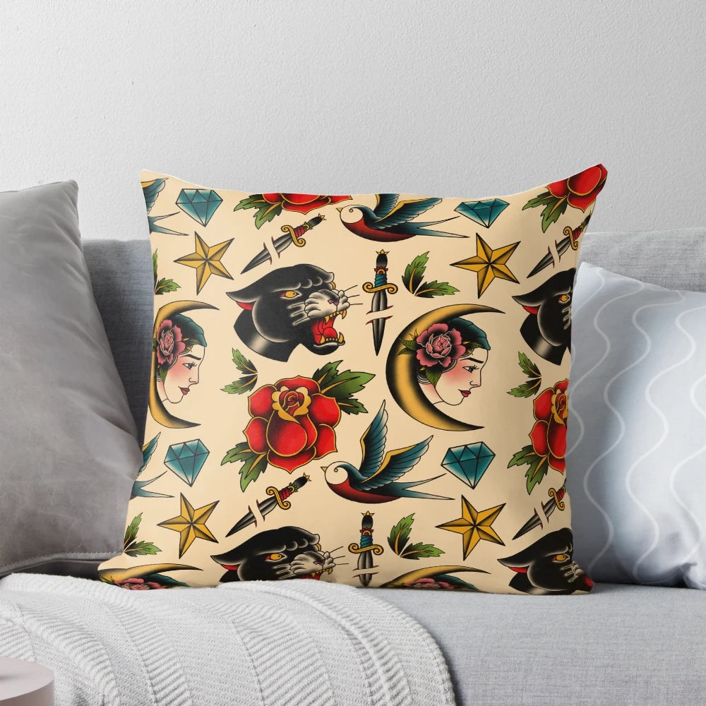A traditional tattoo-inspired pillow featuring a panther, moon, dagger, rose, and floral motifs.