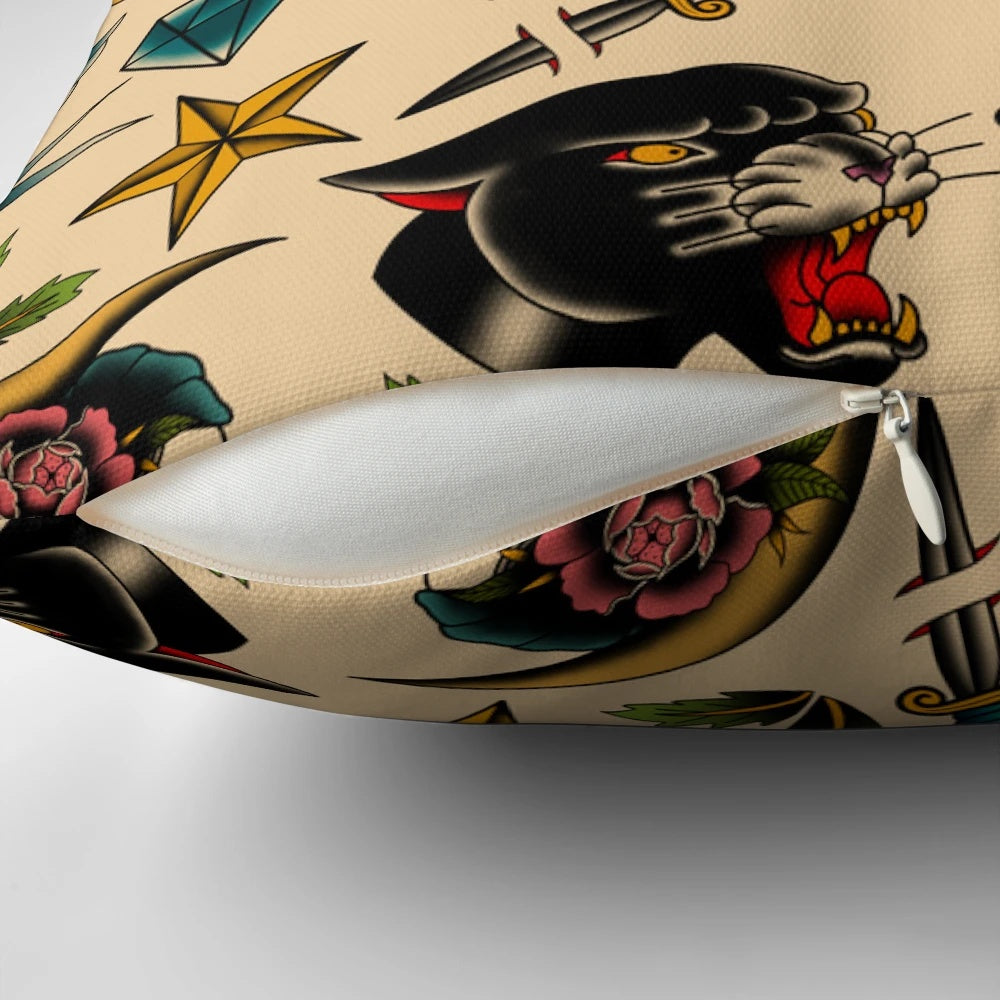 A traditional tattoo-inspired pillow featuring a panther, moon, dagger, rose, and floral motifs.