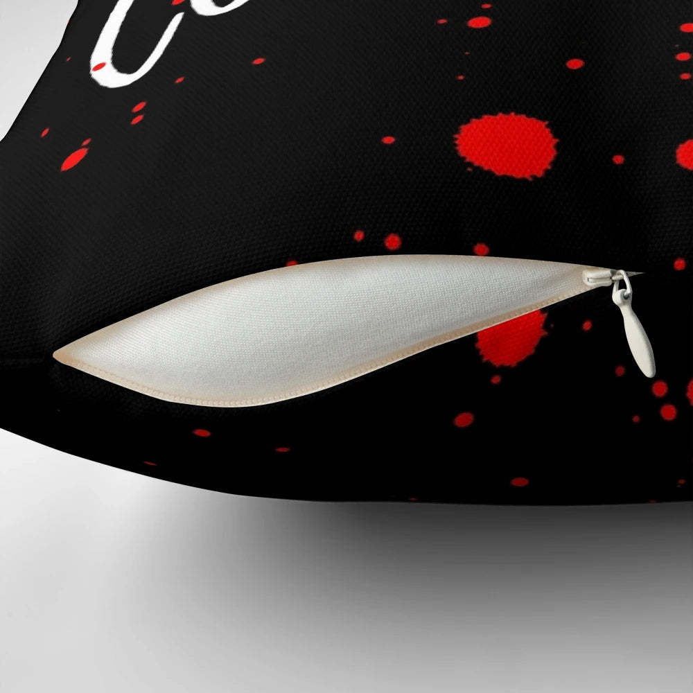 Serial killer and true crime themed t-shirt pillow with text and design