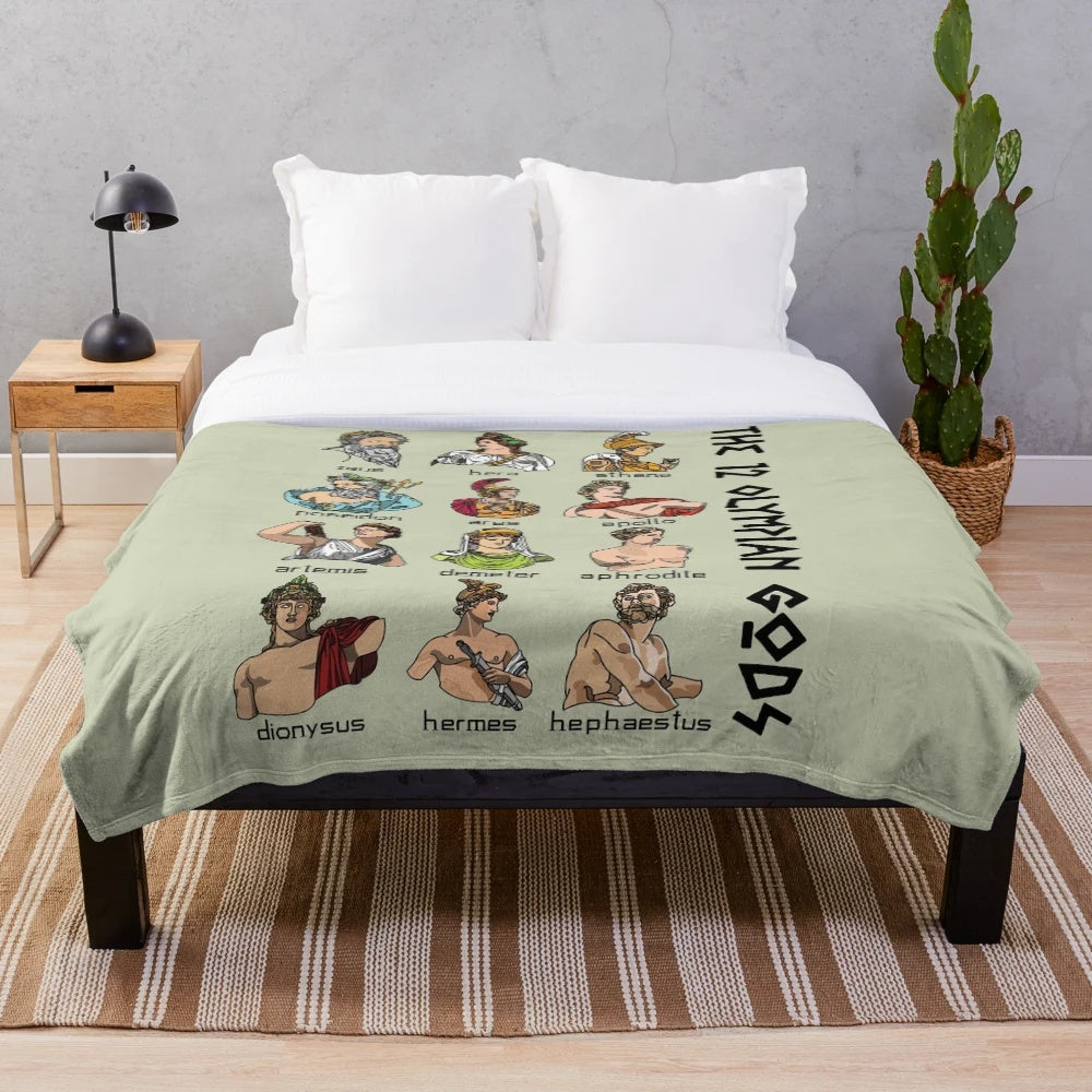 Twelve Olympians plush blanket featuring geometric Greek mythology artwork