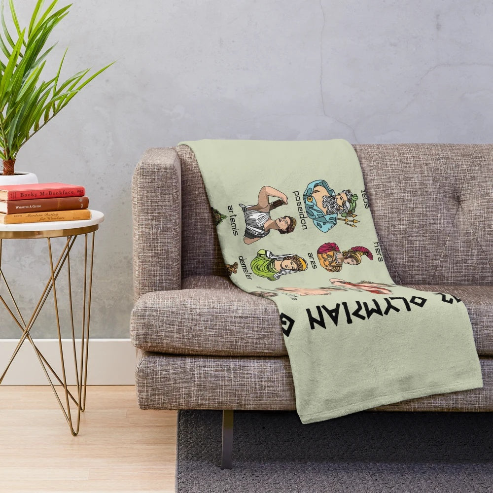 Twelve Olympians plush blanket featuring geometric Greek mythology artwork