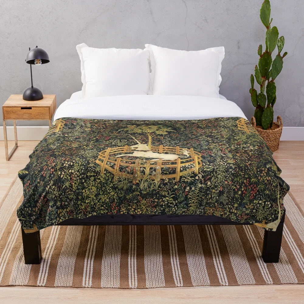 Plush blanket featuring a captive unicorn and ornate gothic floral design