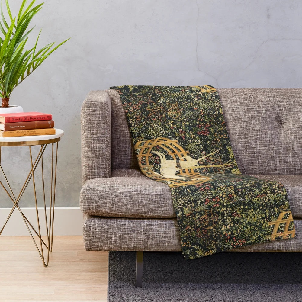 Plush blanket featuring a captive unicorn and ornate gothic floral design