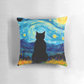 Vibrant Van Gogh-inspired black cat pillow with swirling, starry night design