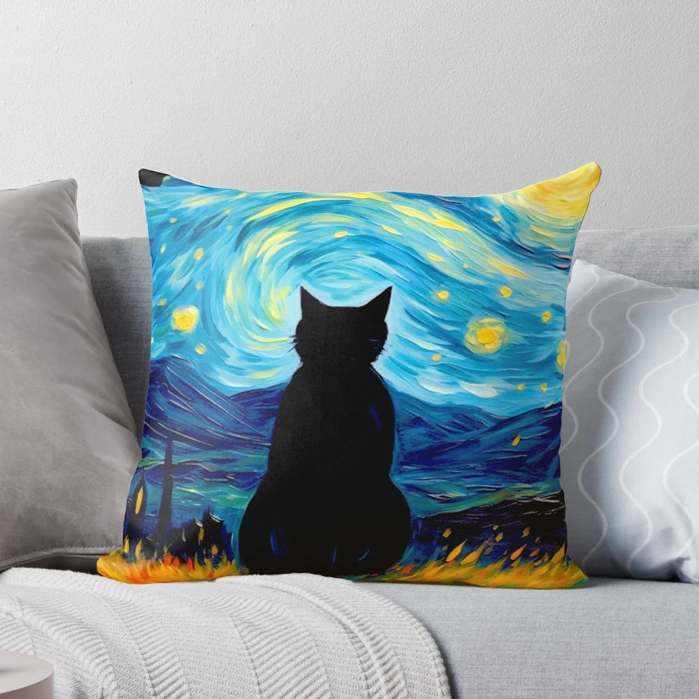 Vibrant Van Gogh-inspired black cat pillow with swirling, starry night design