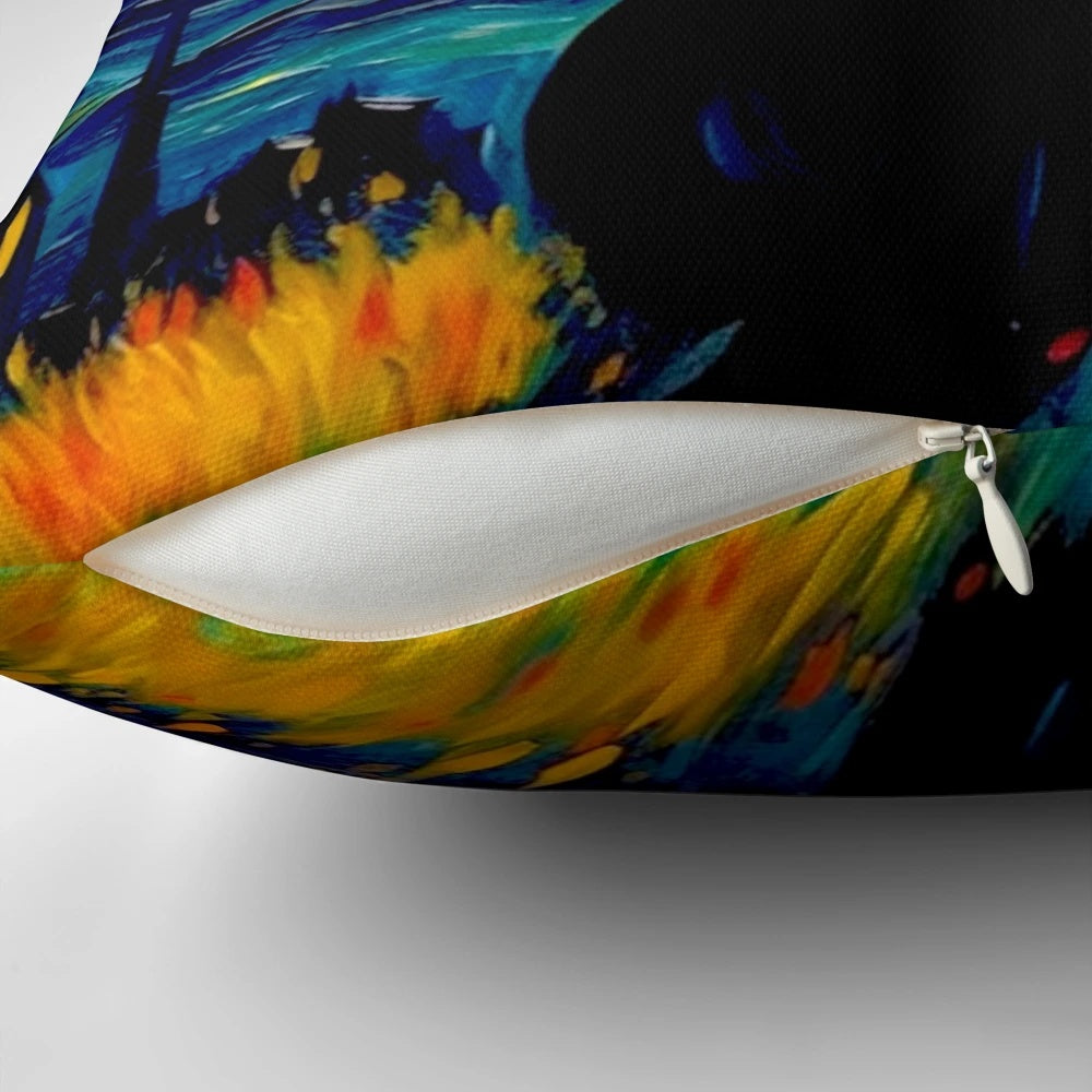 Vibrant Van Gogh-inspired black cat pillow with swirling, starry night design