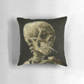 Throw pillow featuring a skeleton smoking a cigarette in the iconic Van Gogh art style