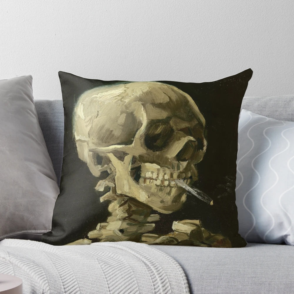 Throw pillow featuring a skeleton smoking a cigarette in the iconic Van Gogh art style