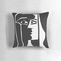 Decorative black and white vector art pillow featuring abstract, minimalist faces design