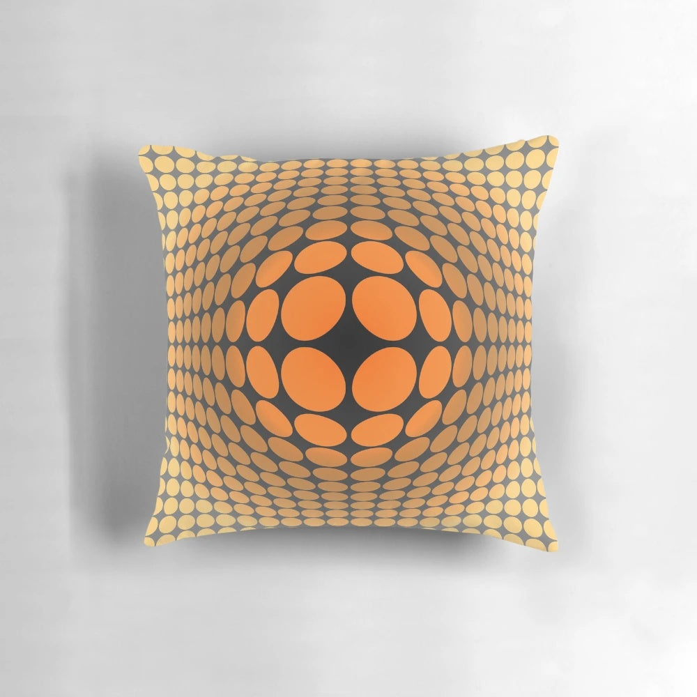Vibrant op art pillow featuring geometric shapes and optical illusion pattern inspired by the work of artist Victor Vasarely.