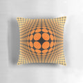 Vibrant op art pillow featuring geometric shapes and optical illusion pattern inspired by the work of artist Victor Vasarely.
