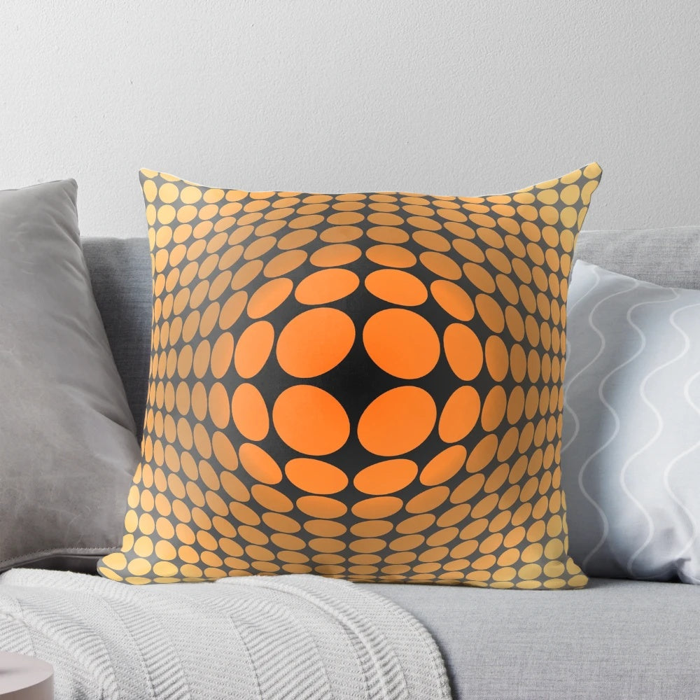 Vibrant op art pillow featuring geometric shapes and optical illusion pattern inspired by the work of artist Victor Vasarely.